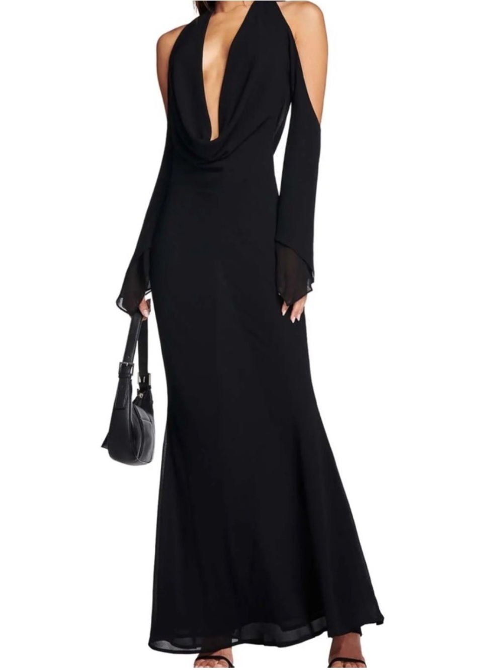 I.AM.GIA Rosanna Black Backless Cold Shoulder Long Sleeve Cowl Neck Chiffon Gown